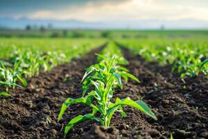 ai generado agrícola plantación en campo agrícola paisaje. verde creciente planta. foto