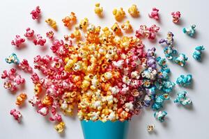 AI generated Close-up of a flying colored Popcorn On a white background photo