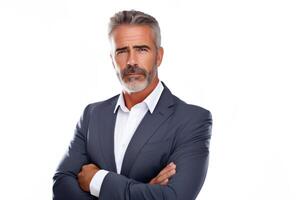 AI generated Portrait of a serious, confident middle-aged businessman with a beard in a suit on a white background photo