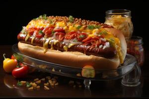 AI generated A cooked juicy Hot dog lies on the table on a dark background photo