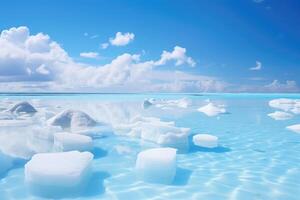 ai generado invierno natural antecedentes con fragmentos de azul hielo y pila de algo de fragmentos de hielo témpanos en el lago en un soleado escarchado día foto