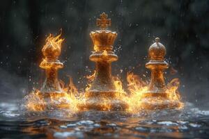 AI generated stylish black chess stands on a chessboard and a fire is burning around. Gloomy environment photo