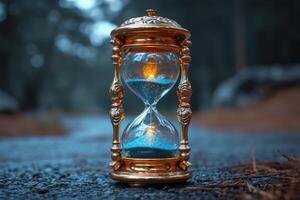 AI generated Stylish hourglass. Sand running in an hourglass, measuring the countdown time on a dark background photo