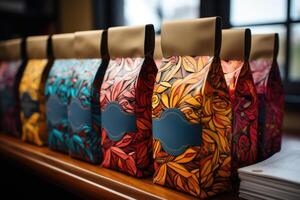 AI generated Colorful patterned coffee packaging stands on the table photo