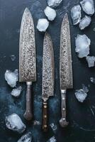 ai generado cuchillos hecho de Damasco acero en un de madera tablero foto