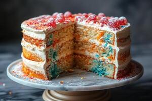 AI generated A stylish handmade cake with a cut-out piece stands on the stand of the kitchen table photo