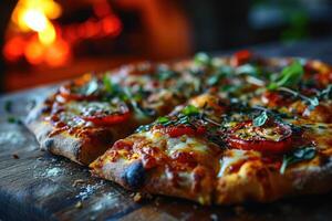 ai generado delicioso italiano Pizza en el mesa cerca el horno, horneado en un Madera quemandose horno foto