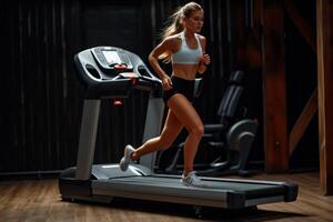 AI generated A young athletic girl runs on a treadmill indoors against the traffic photo