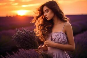 AI generated A girl in a field with lavender flowers at sunset in a dress photo