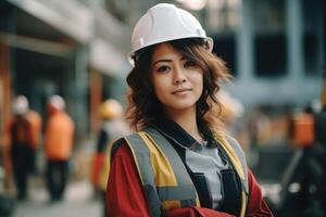 ai generado un mujer ingeniero, constructor o arquitecto en un casco en contra el antecedentes de un construcción sitio foto