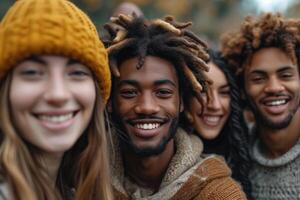 AI generated A reusable young group of happy people takes a selfie photo on a camera outside