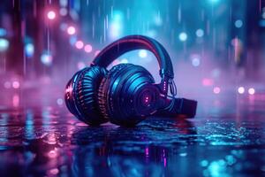 AI generated Large headphones lay on the night pavement. Night disco music background with neon lighting photo