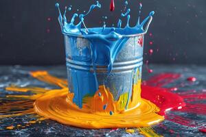 AI generated Colorful splash of oil paint from a bucket , splash of rainbow color paint photo