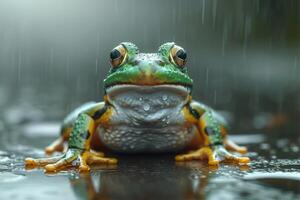 ai generado un árbol verde rana camina en el lluvia en naturaleza foto