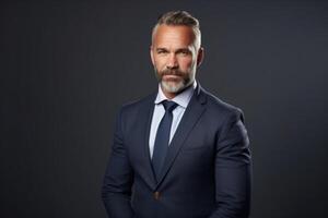 AI generated Portrait of a serious self-confident middle-aged businessman with a beard in a suit on a dark background photo