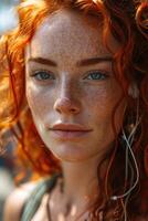 AI generated Portrait of a young red-haired woman against the background of a rainy street. Long curly red hair photo