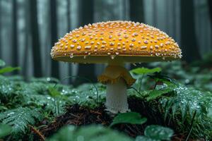 AI generated Mushroom fly agaric growing in the forest. Mushroom picking concept photo