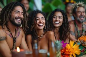 AI generated A group of friends are sitting together at a festive table outside and chatting. Bali photo