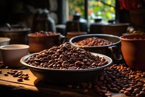 AI generated Roasted coffee beans close-up in dishes . Colombian coffee photo