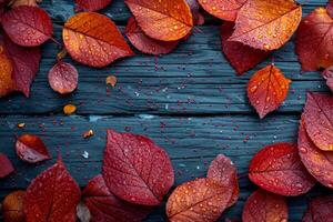 AI generated Autumn red leaves on a blue wooden background photo