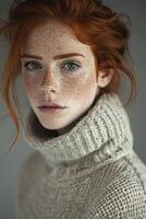 AI generated Portrait of a beautiful serious red-haired young girl in close-up photo