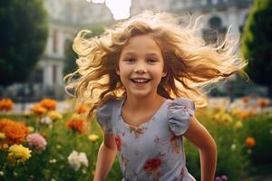 AI generated portrait of a happy young girl walking in the park in summer photo