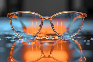 AI generated Glasses lying on the table. The concept of good eyesight photo