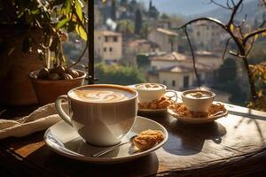 ai generado un Mañana taza de latté café soportes en un mesa en el terraza en contra el antecedentes de naturaleza foto