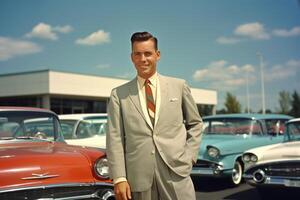 AI generated A man in a formal suit against the background of many old cars. Retro photography photo