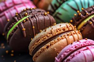 AI generated Small French pastries. Sweet and colorful French Macarons Cakes photo