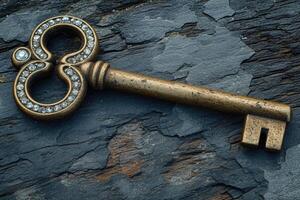 AI generated An old designer key with a lock decoration lies on a wooden background photo