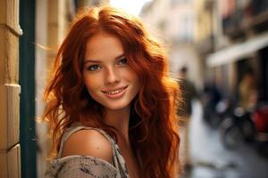 AI generated portrait of a young stylish red-haired girl walking along a city street in summer photo