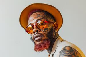 AI generated Portrait of an African man with tattoos on his face in orange clothes and glasses on a light background photo