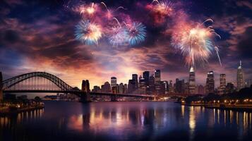 AI generated Beautiful night fireworks over the city. Festive fireworks over the night city photo