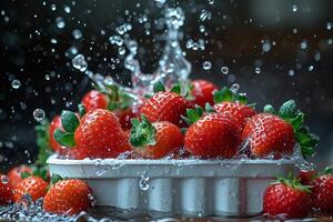 AI generated Juicy fresh strawberries fall into a white container with water on a dark background photo