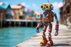 AI generated The robot is resting at a resort in a tropical paradise. The robot is sunbathing on a sunny beach near the sea. Animation photo