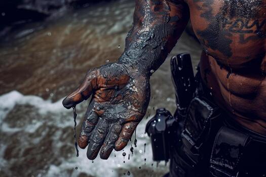 AI generated Close-up of the muscular arm of a bodybuilder on a dark background photo