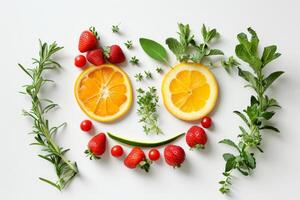 AI generated Vegetables and fruits are laid out on a white background photo