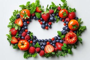 AI generated Vegetables and fruits are laid out on a white background photo