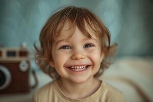 AI generated Portrait of a cheerful boy on a blue background photo