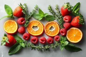 AI generated Vegetables and fruits are laid out on a white background photo