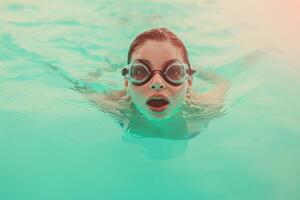 ai generado un bonito pequeño niña con lentes es nadando en el piscina foto