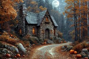 AI generated A house in a dark autumn forest on Halloween night. Illustration photo