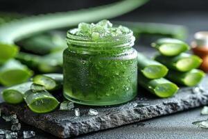 AI generated aloe gel in a cosmetic jar and fresh aloe leaves on a wooden table photo