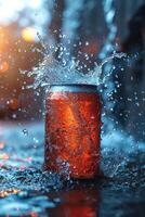 AI generated An aluminum beverage jar for your advertisement with splashes and drops of water photo