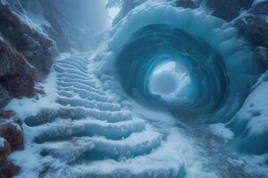 ai generado un hielo cueva. un largo túnel en el hielo foto