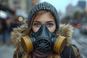 ai generado un niña en un gas máscara en un ciudad calle. protector respiración ayuda foto