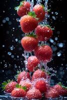 AI generated Juicy fresh strawberries fall into clear water on a dark background photo