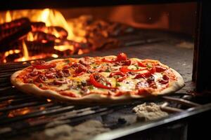 AI generated Delicious fresh Italian pizza lies near the oven, baked in a wood-burning oven photo