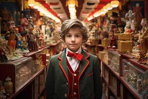 ai generado un linda chico en un traje con un mariposa soportes en contra el antecedentes de juguetes en un para niños Tienda foto